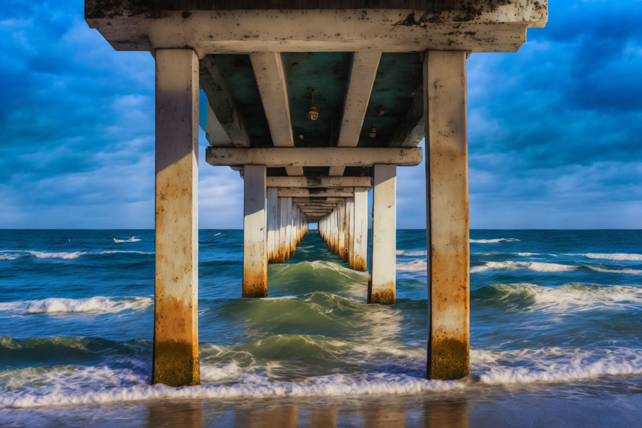 Ocean pier with concrete pillars, waves crashing, blue sky, and distant clouds