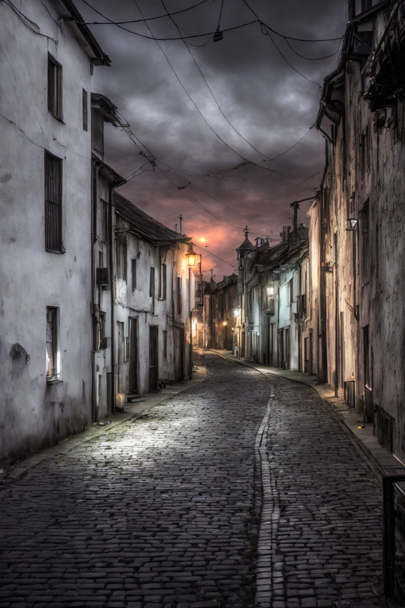 Cobblestone street at dusk with old white buildings under moody sky