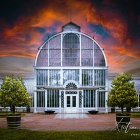 Victorian-style white mansion under orange sky with gardens & lampposts