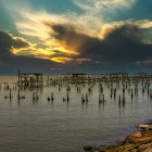 Dramatic coastal sunset with dark clouds over rocky shoreline