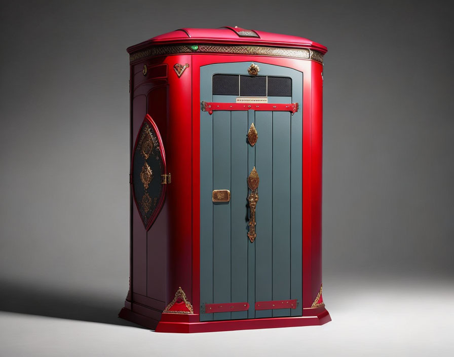 Red and Blue Wooden Corner Cabinet with Metal Accents on Gray Background