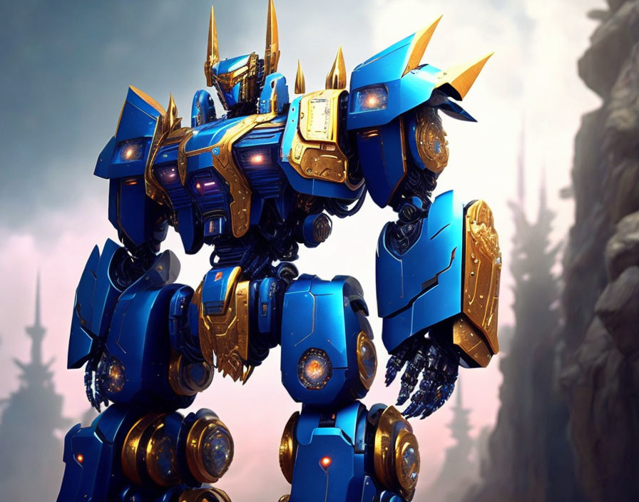 Detailed Blue and Gold Robotic Figure in Heroic Pose Against Cloudy Skies