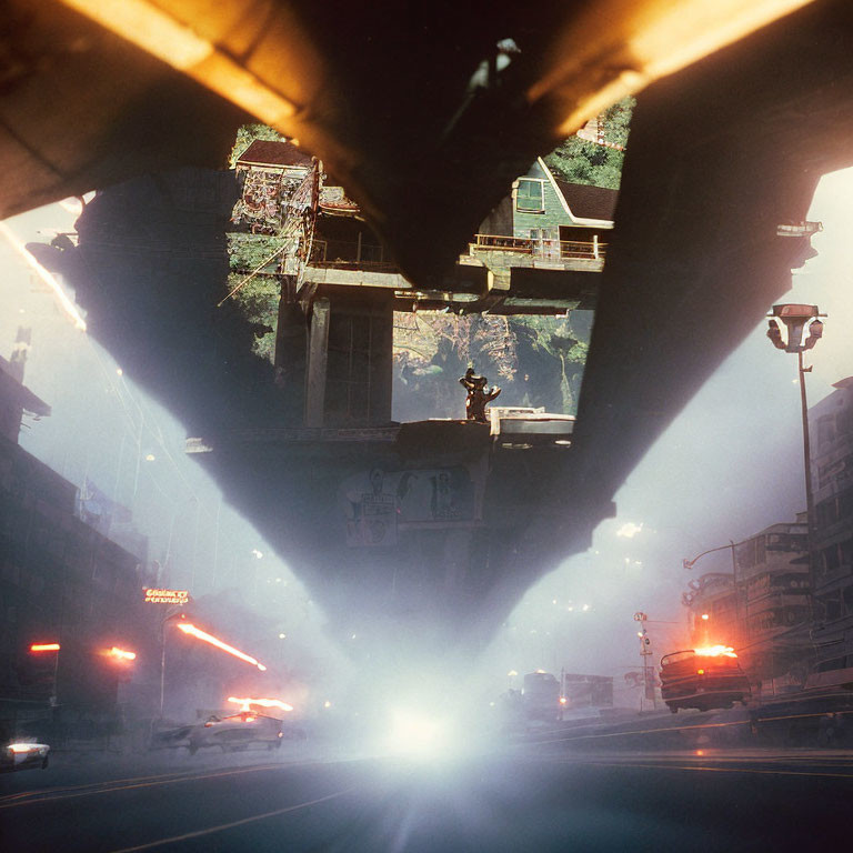 Foggy urban street scene under overpass with light beams and cars