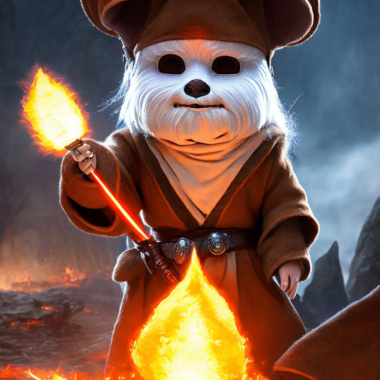 White-furred anthropomorphic creature in Jedi attire with lightsaber against fiery backdrop