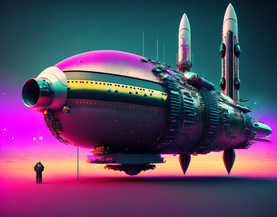 Futuristic spaceship on neon-lit platform with astronaut under colorful sky