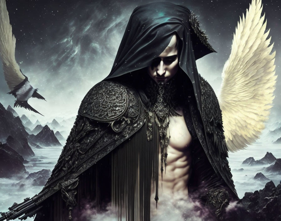 Dark fantasy figure with wings in hooded cloak and ornate armor in misty landscape