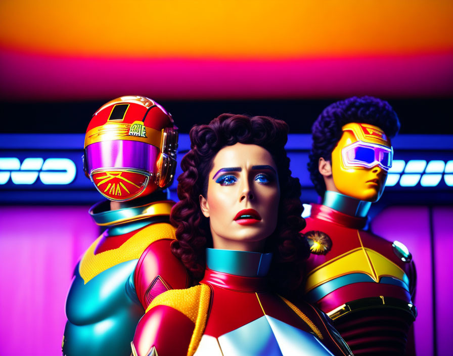 Colorful futuristic individuals in suits and helmets with visors against neon-lit background