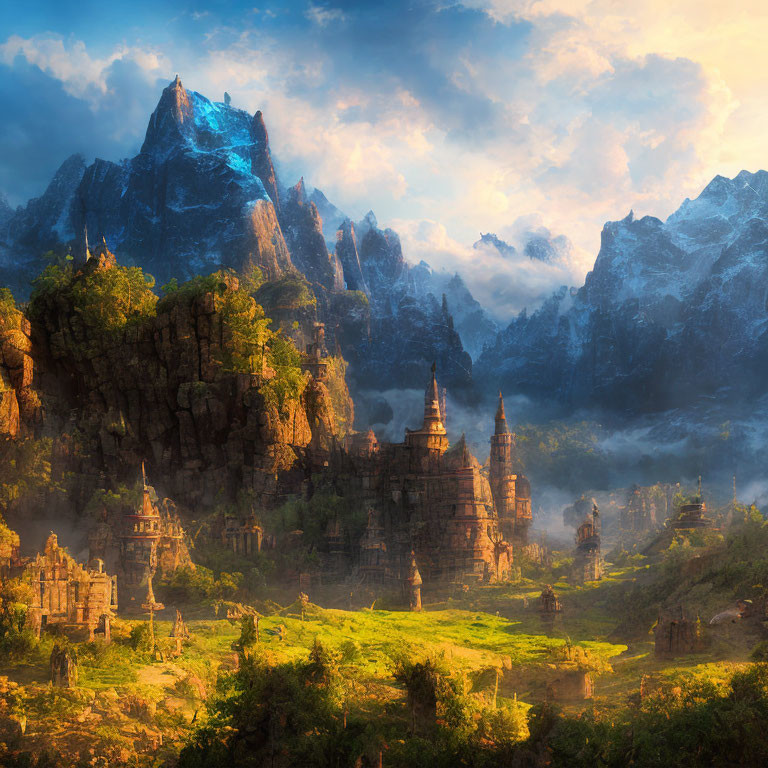 Majestic sunrise over ancient temples and mountains with mystical mist