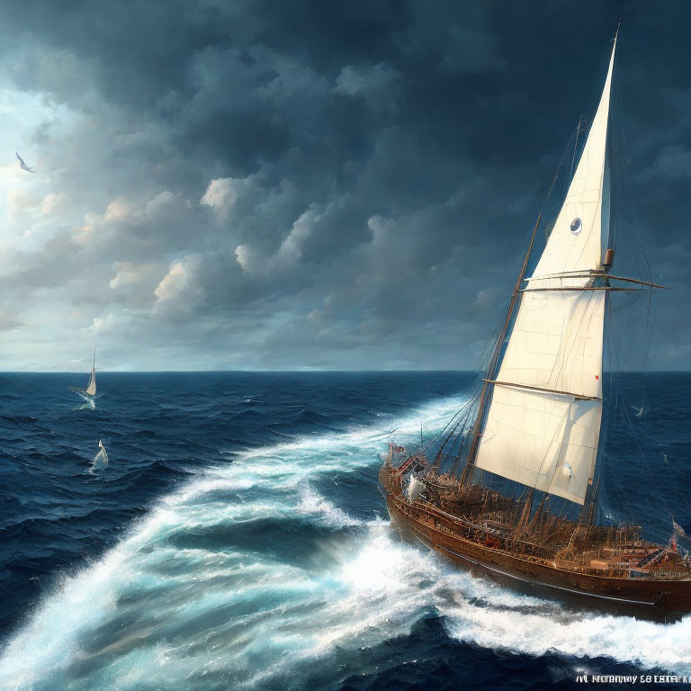 Sailing ship with billowing sails on blue ocean under stormy sky