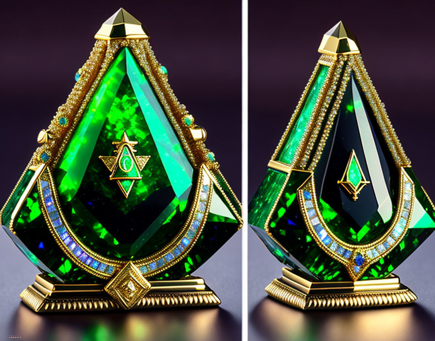 Emerald-Green Crystal Perfume Bottles with Gold Embellishments