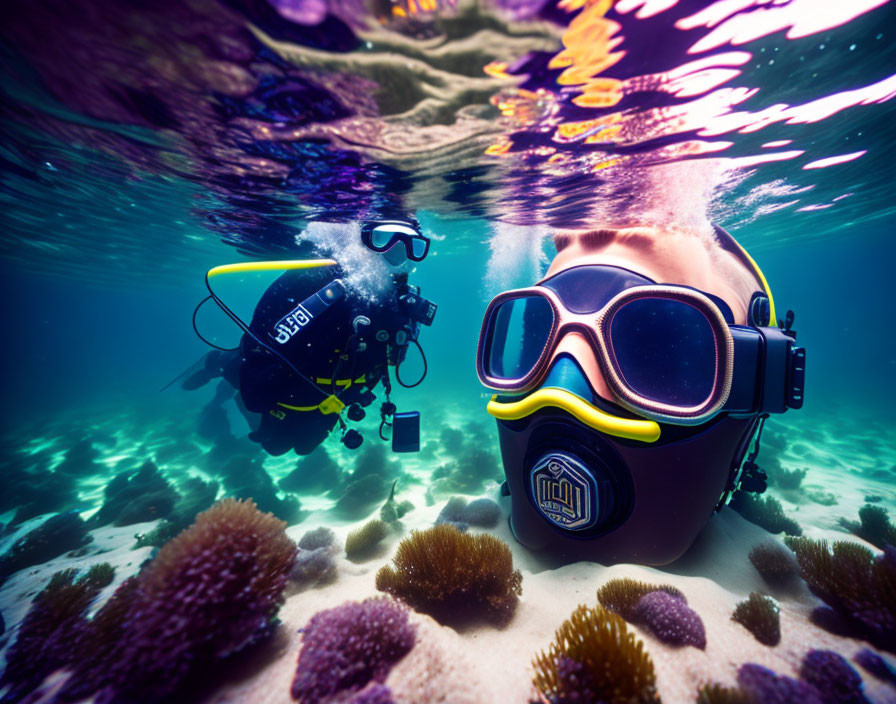 Underwater Diver with Coral and Second Diver in Background