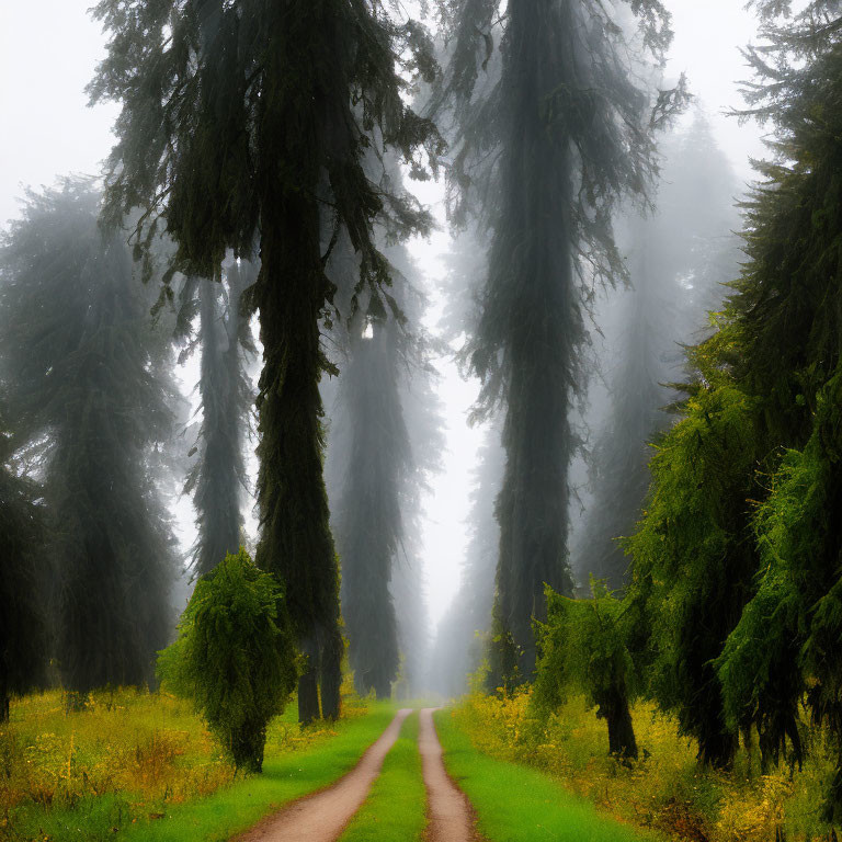 Tranquil forest path with misty coniferous trees and wildflowers