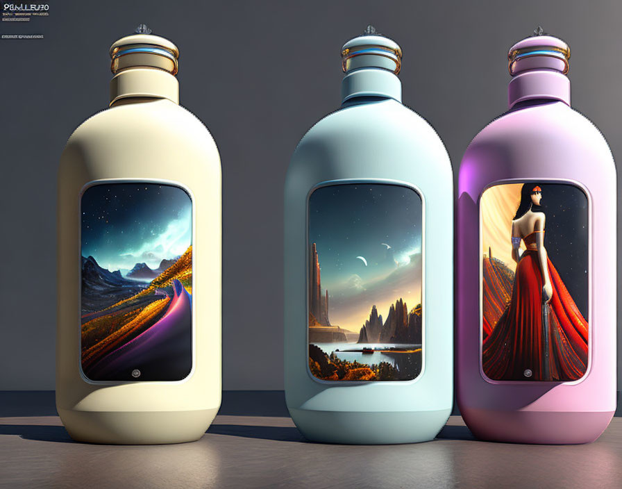 Colorful Perfume Bottles Featuring Mountainous Landscape, Futuristic City, and Starry Sky Design