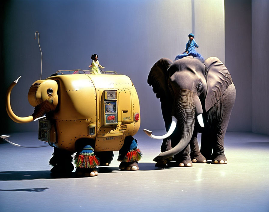 Toy-like and real elephants with riders side by side showcasing compartments.