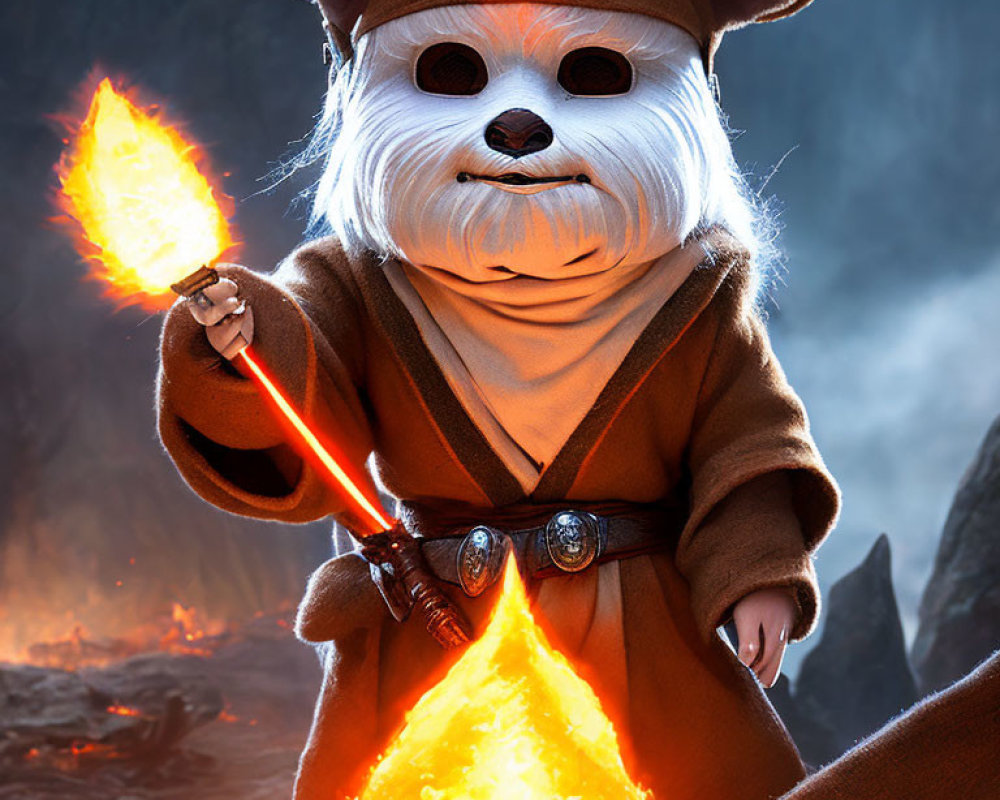 White-furred anthropomorphic creature in Jedi attire with lightsaber against fiery backdrop