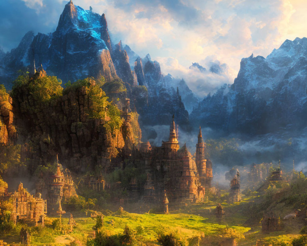 Majestic sunrise over ancient temples and mountains with mystical mist