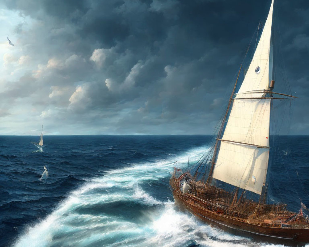 Sailing ship with billowing sails on blue ocean under stormy sky