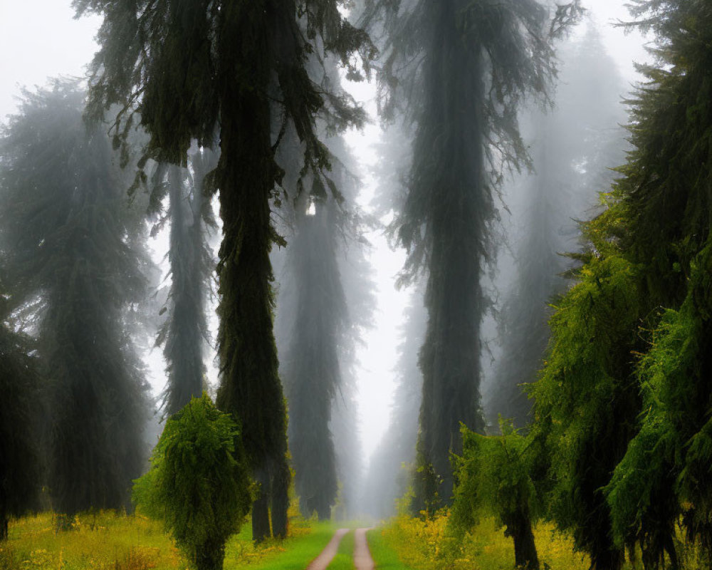 Tranquil forest path with misty coniferous trees and wildflowers