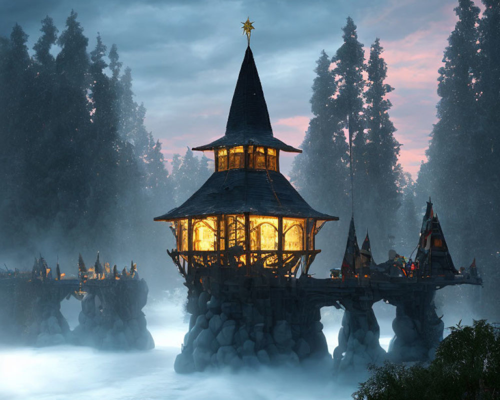 Wooden structure with spire and lit windows above misty river in twilight forest