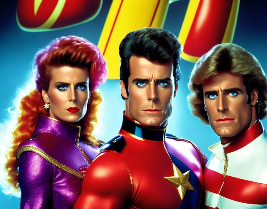 Three Superheroes in Colorful Costumes with '80s Style Hair on Blue and Yellow Background