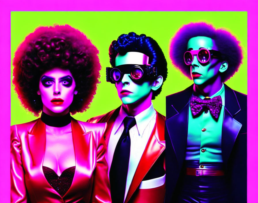 Three individuals in retro attire under colorful lights with unique hairstyles and sunglasses