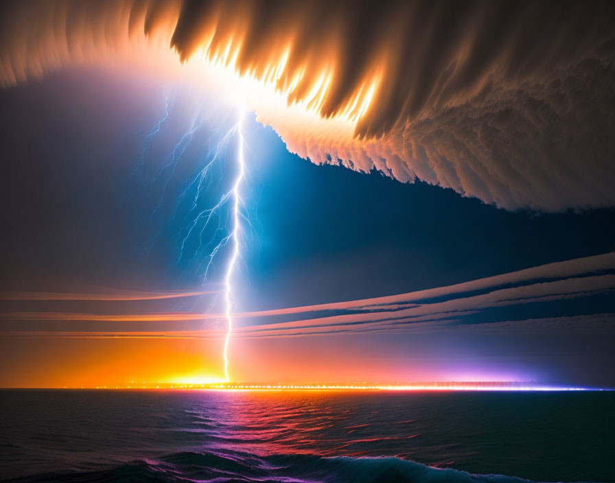 Dramatic lightning bolt over ocean at sunrise or sunset