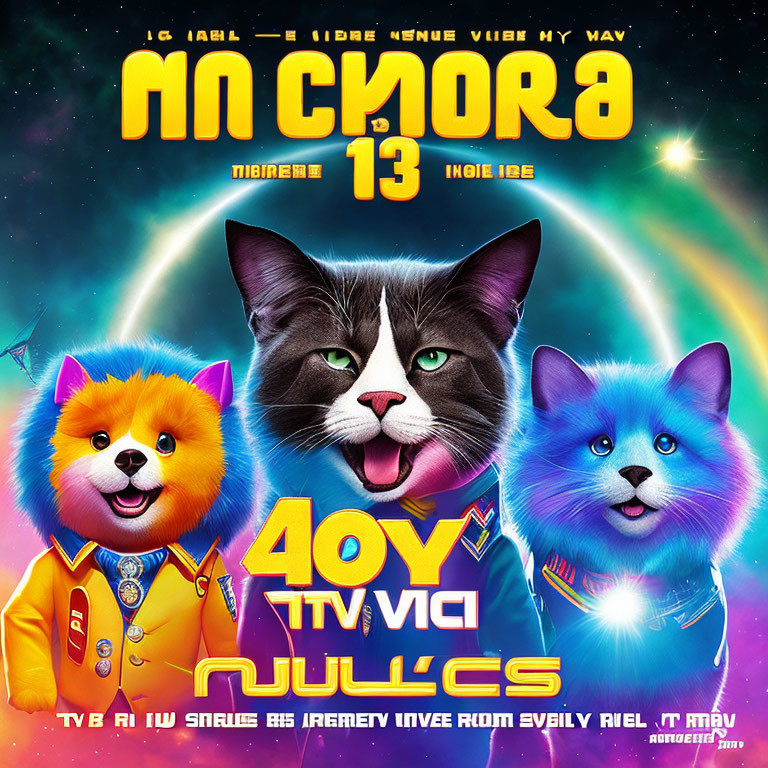 Colorful Anthropomorphic Cats Poster in Space Theme