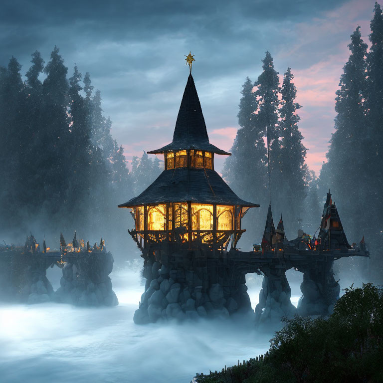 Wooden structure with spire and lit windows above misty river in twilight forest