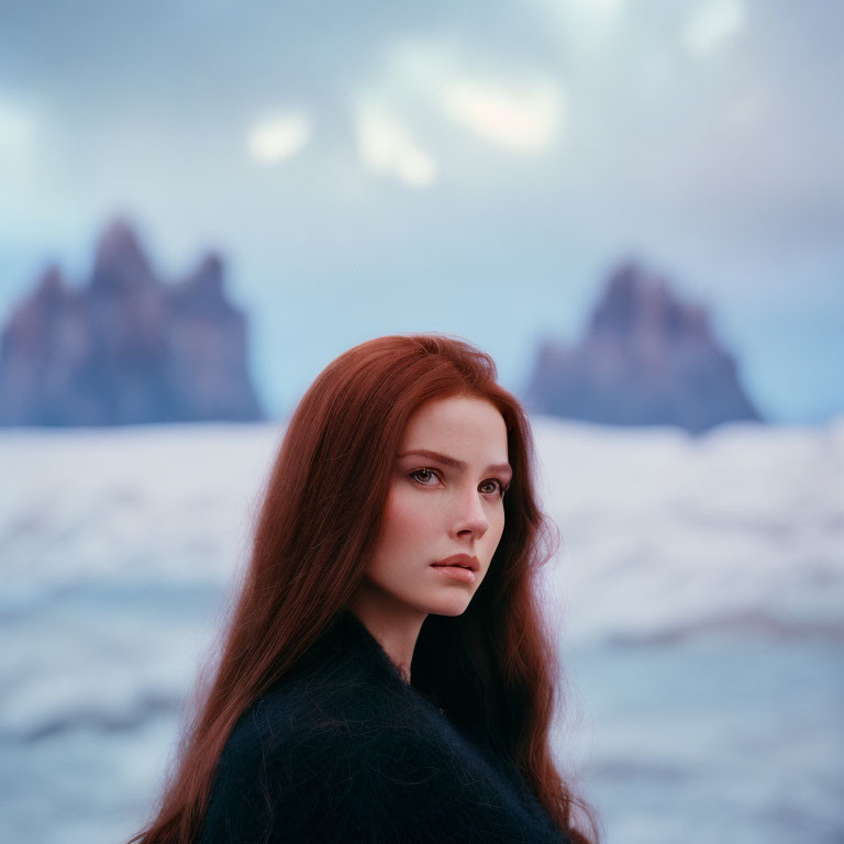 Long red-haired woman in dark coat against rocky twilight backdrop