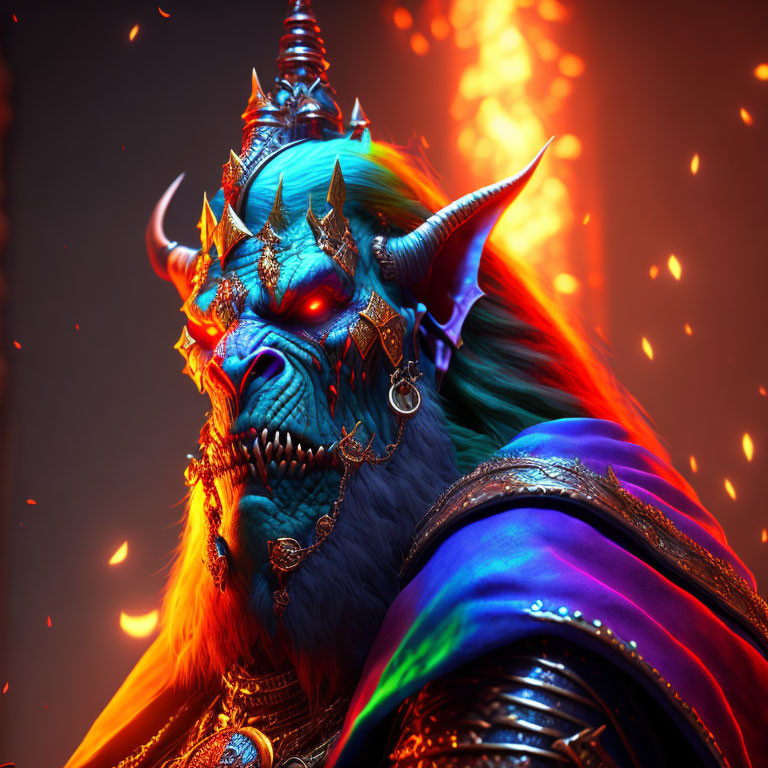 Blue-skinned fantasy creature with horns and red glowing eyes adorned in gold, set against a fiery background