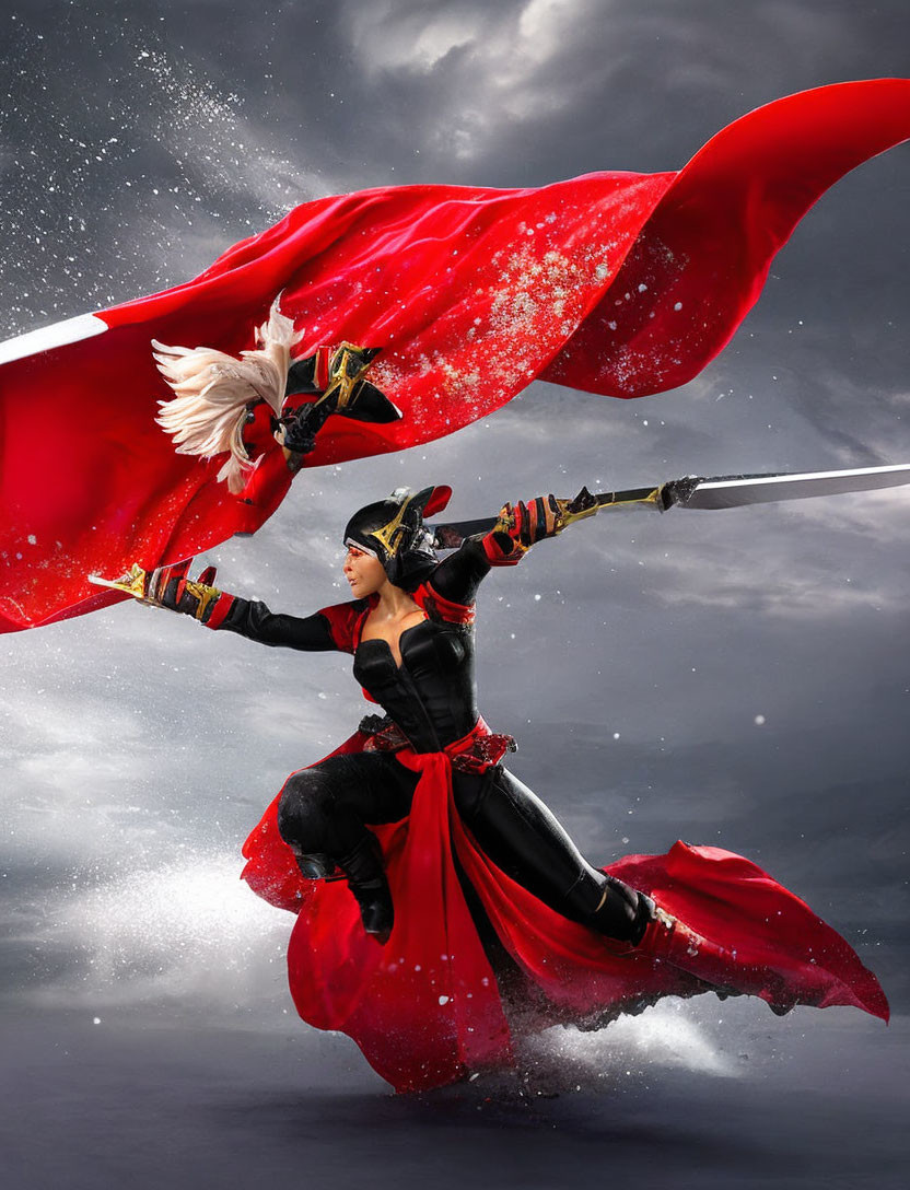 Dynamic Pose Person in Black & Red Costume with Sword in Stormy Sky