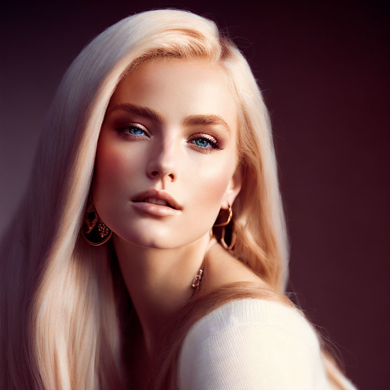 Portrait of woman with platinum blonde hair and blue eyes on gradient background