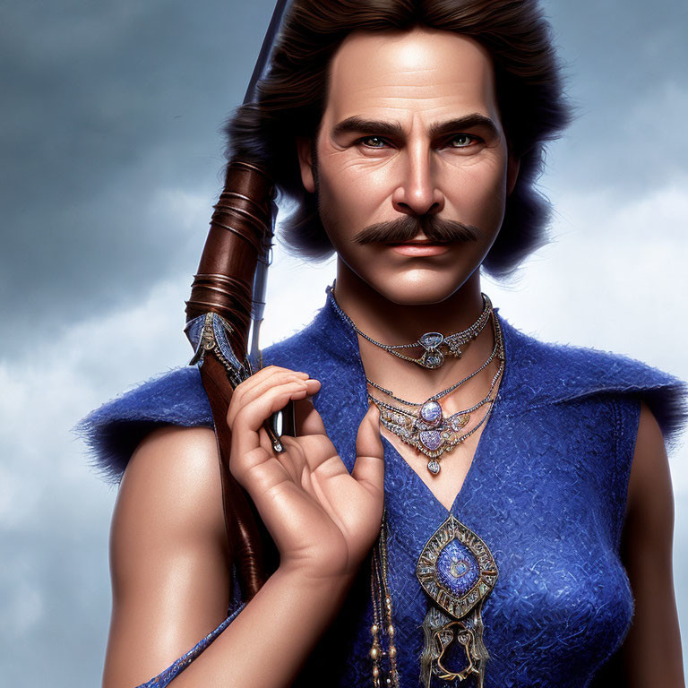 Portrait of a mustachioed man with intense eyes and staff, wearing jewelry and fur-trim