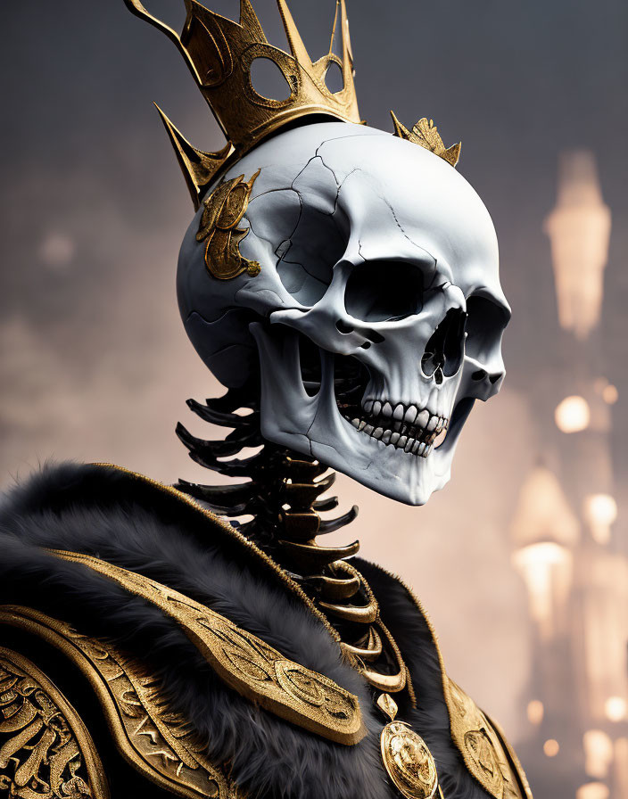 Golden Crowned Skull in Royal Attire Against Castle Backdrop