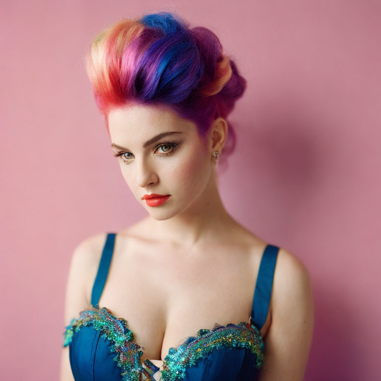 Vibrant rainbow-colored hair woman in blue lingerie on pink background