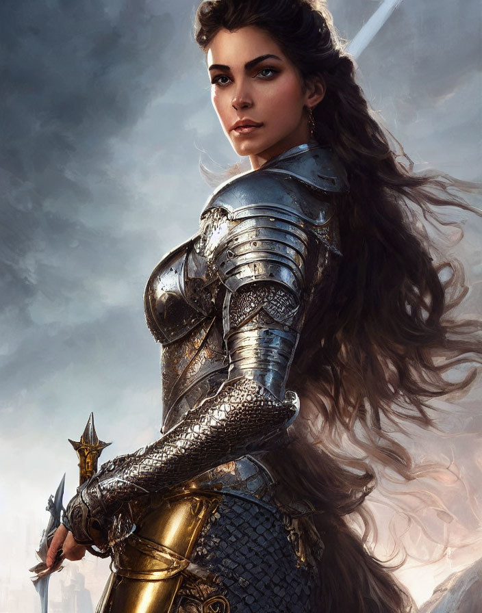 Fantasy warrior woman in silver and gold armor with long brown hair