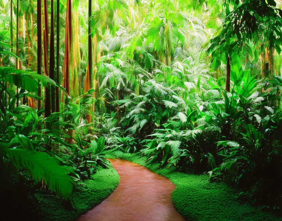 Lush Tropical Forest Path with Bamboo Stalks and Ferns