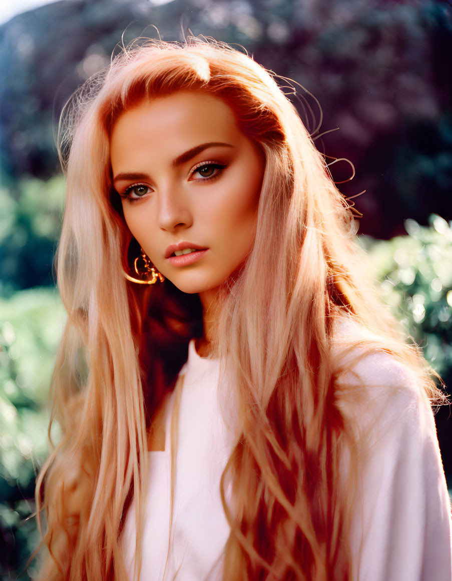 Blonde woman in white blouse outdoors with green background