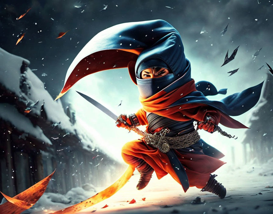 Ninja wielding swords in blue and red outfit in snowy scene