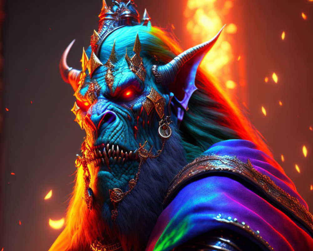 Blue-skinned fantasy creature with horns and red glowing eyes adorned in gold, set against a fiery background