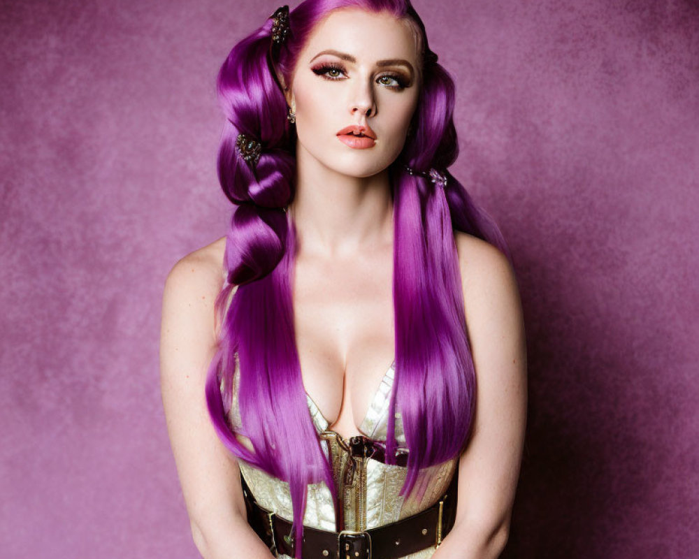 Vibrant purple-haired woman in braids, wearing gold and brown corset on pink background