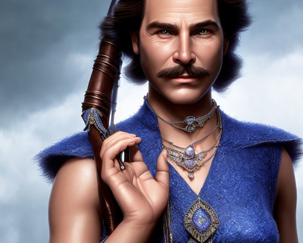 Portrait of a mustachioed man with intense eyes and staff, wearing jewelry and fur-trim