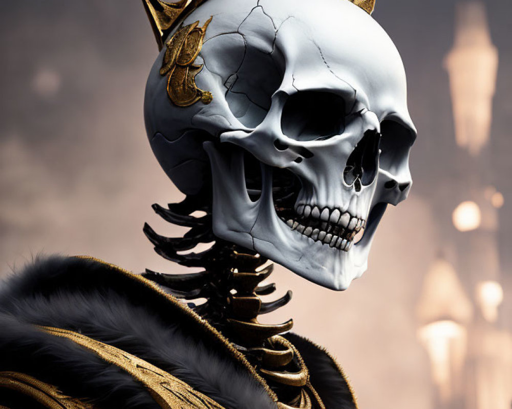 Golden Crowned Skull in Royal Attire Against Castle Backdrop