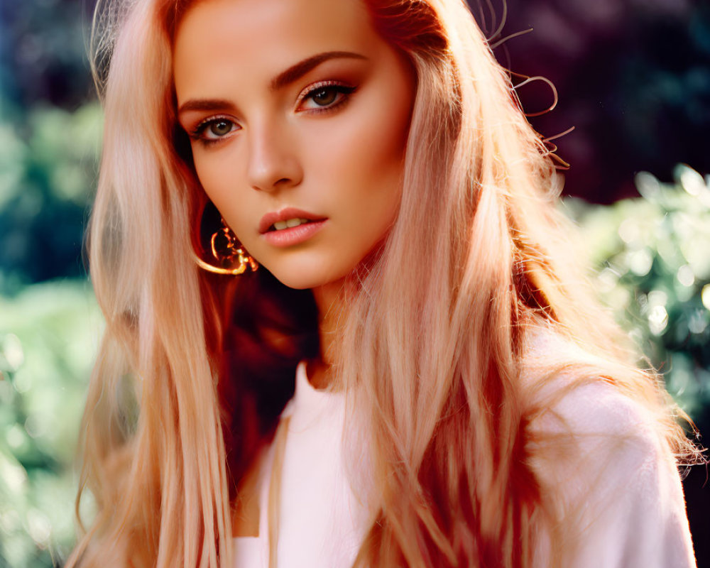 Blonde woman in white blouse outdoors with green background