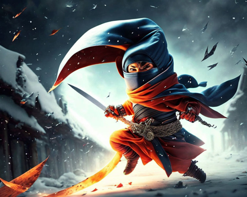 Ninja wielding swords in blue and red outfit in snowy scene