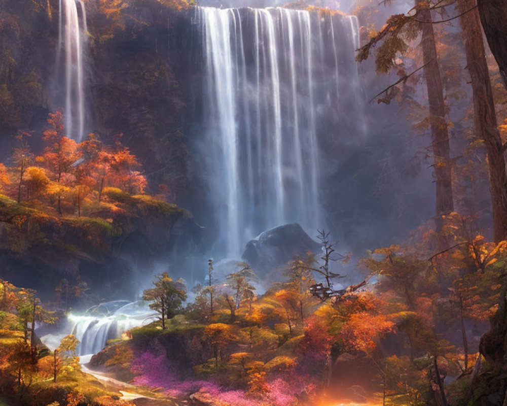 Tranquil waterfall in vibrant autumn forest