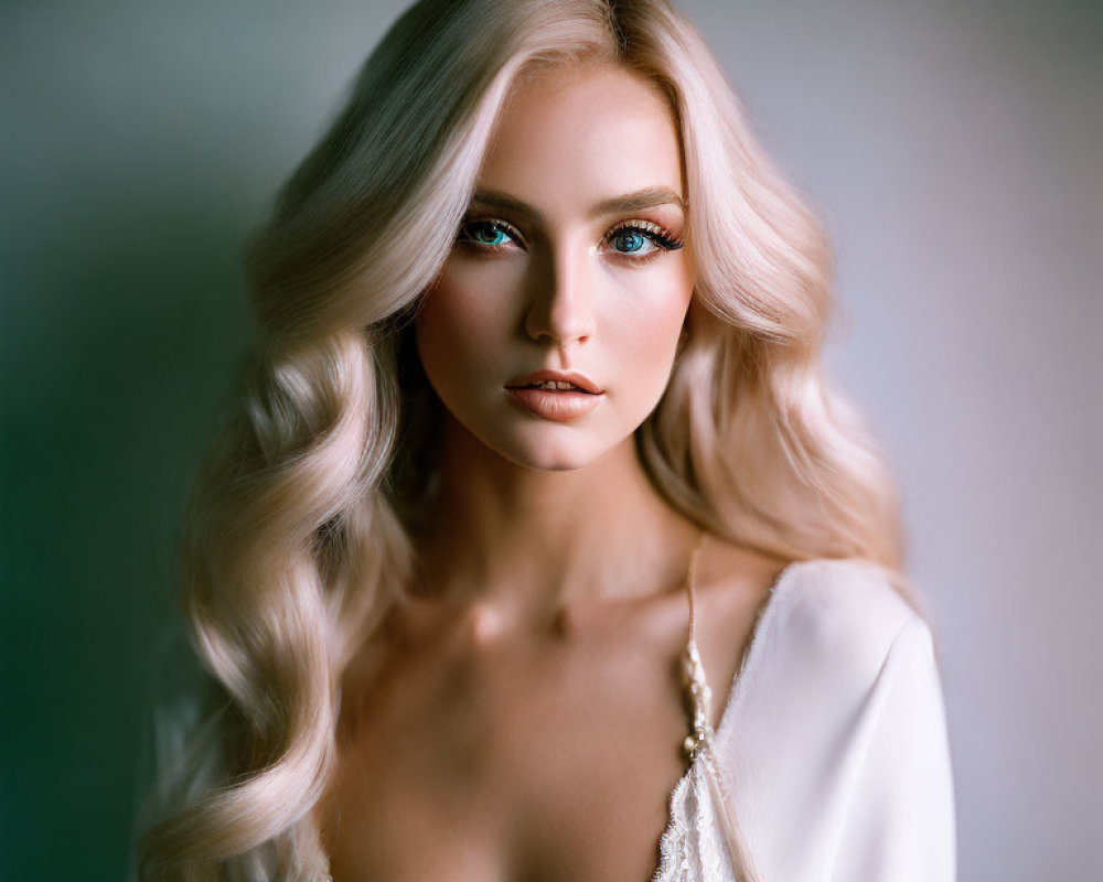 Portrait of woman with flowing blonde hair, striking blue eyes, fair skin, white dress.