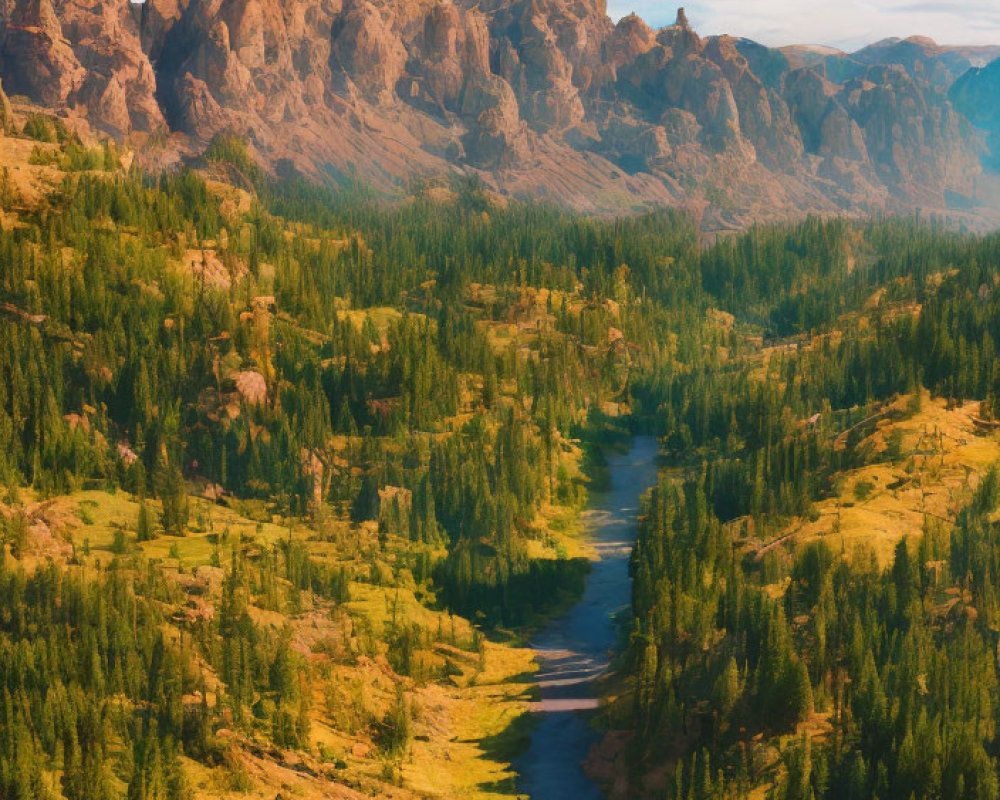 Scenic valley with lush forest, river, and mountains under blue sky