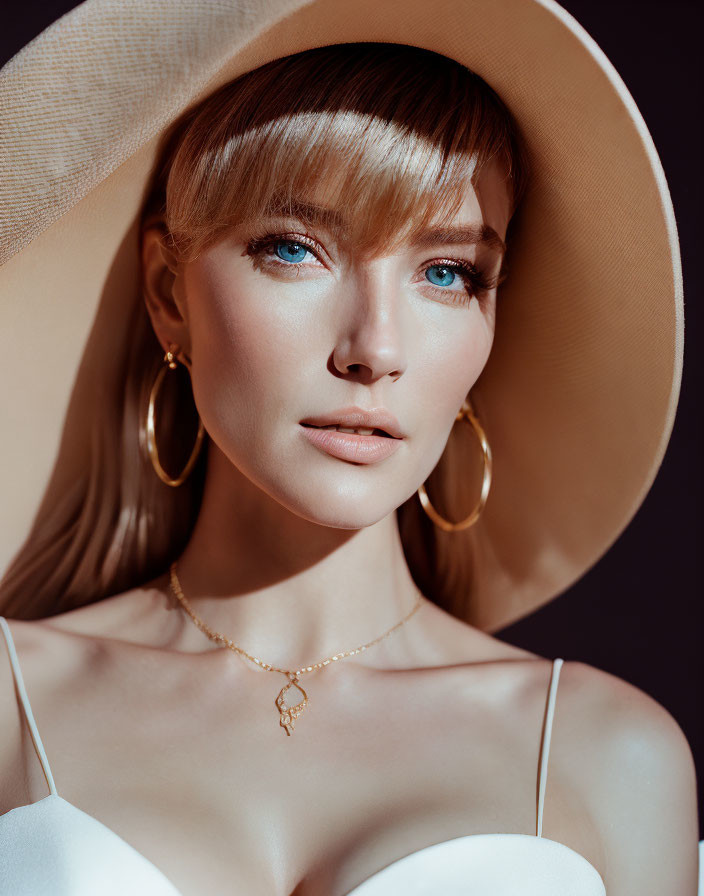 Blonde woman in wide-brimmed hat and hoop earrings portrait