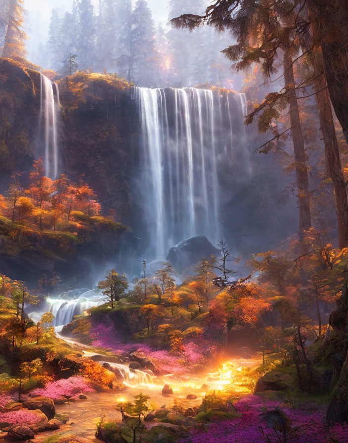 Tranquil waterfall in vibrant autumn forest